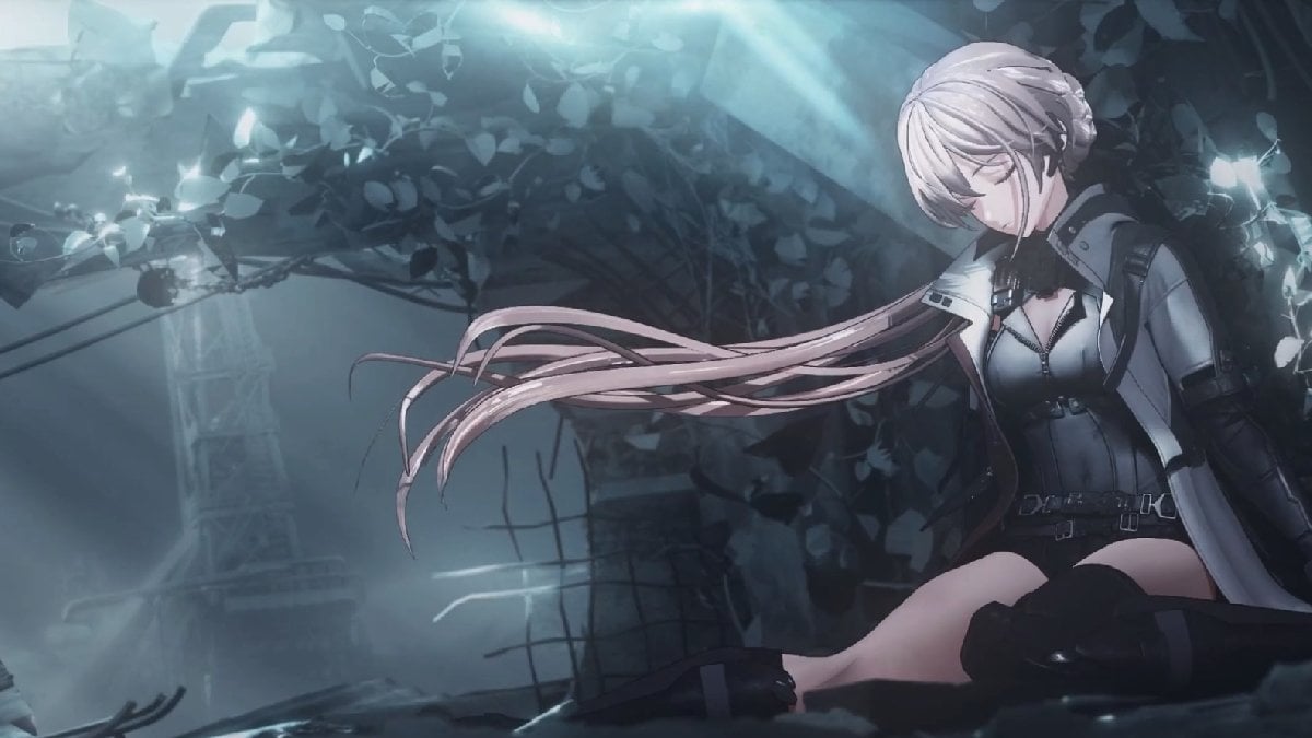 Groza rests on some rubble in Girls' Frontline 2: Exilium.